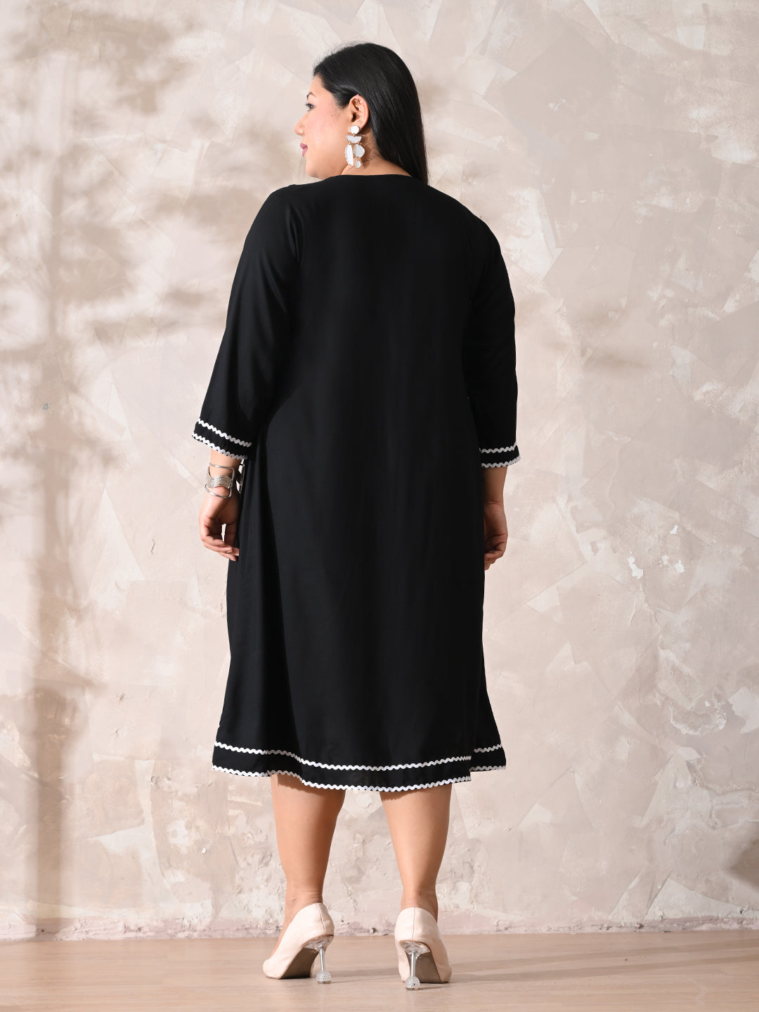 Minimal Black Rayon Midi Dress with Contrast Lace Detailing
