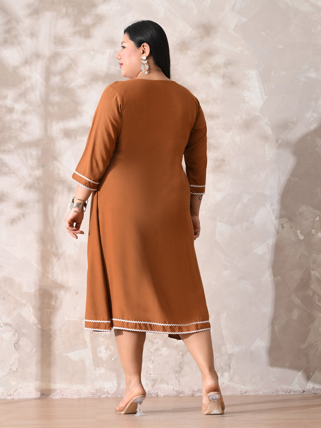 Terracotta Tone Rayon Midi Dress with Contrast Lace Detailing