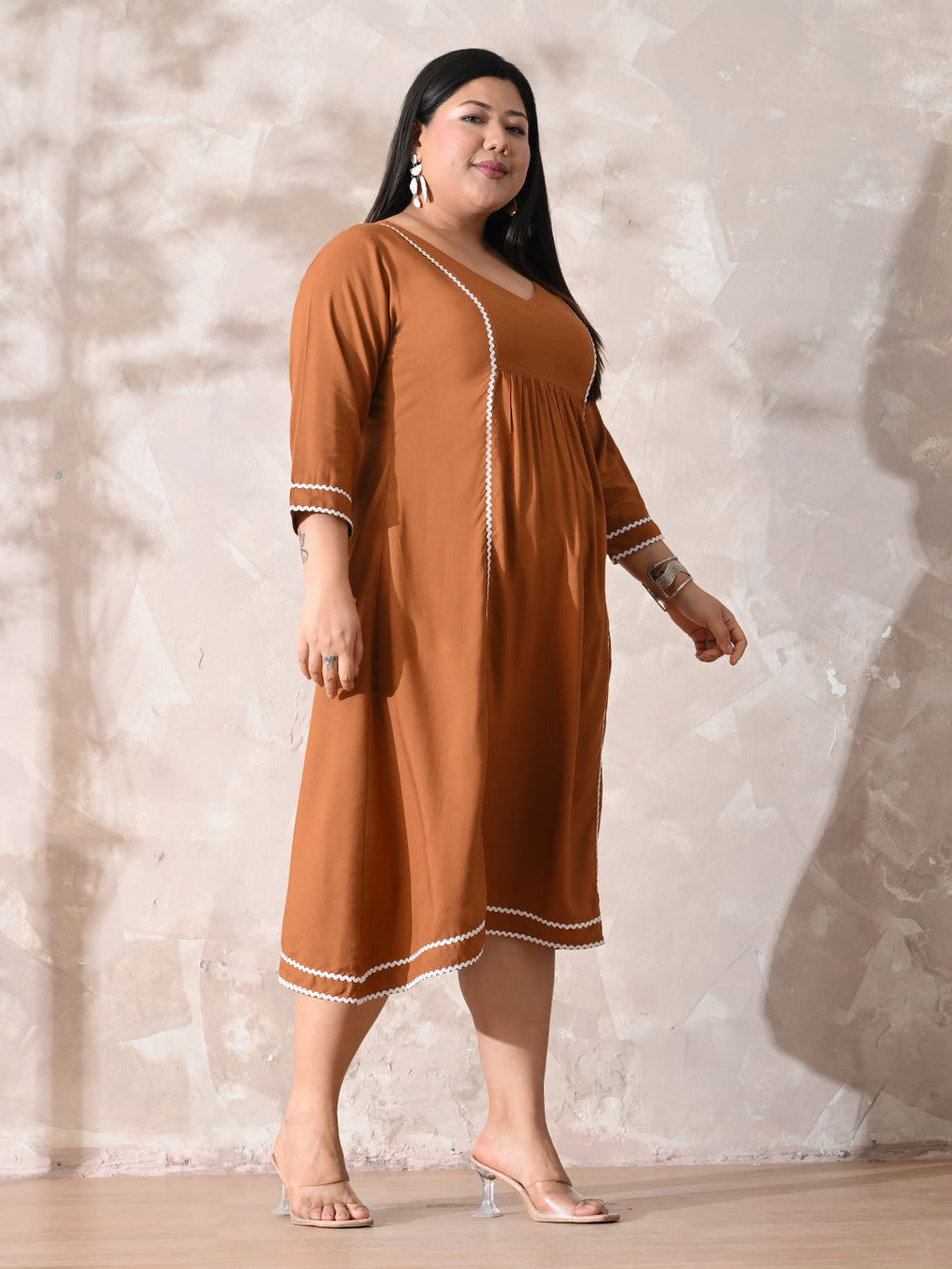 Terracotta Tone Rayon Midi Dress with Contrast Lace Detailing