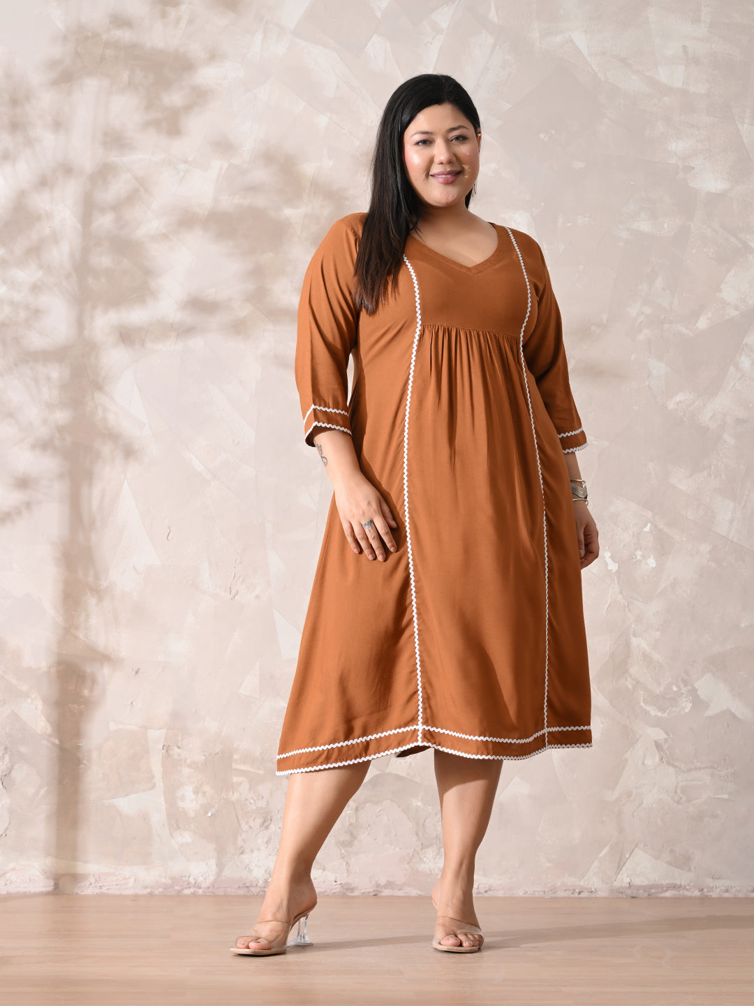 Terracotta Tone Rayon Midi Dress with Contrast Lace Detailing