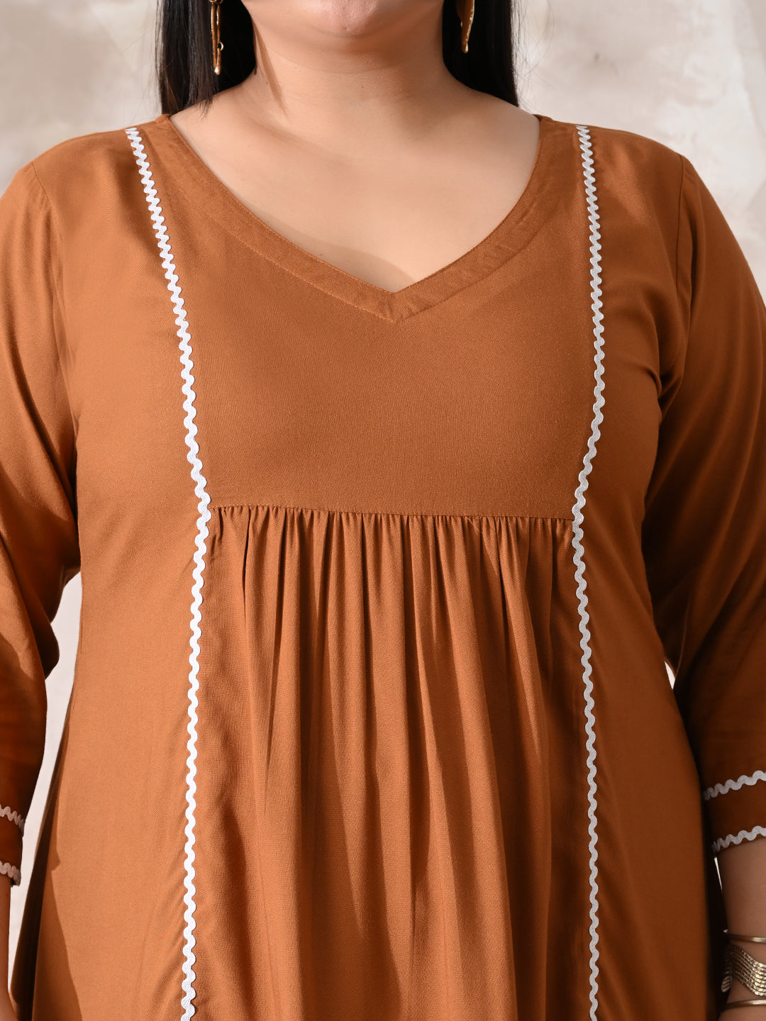 Terracotta Tone Rayon Midi Dress with Contrast Lace Detailing