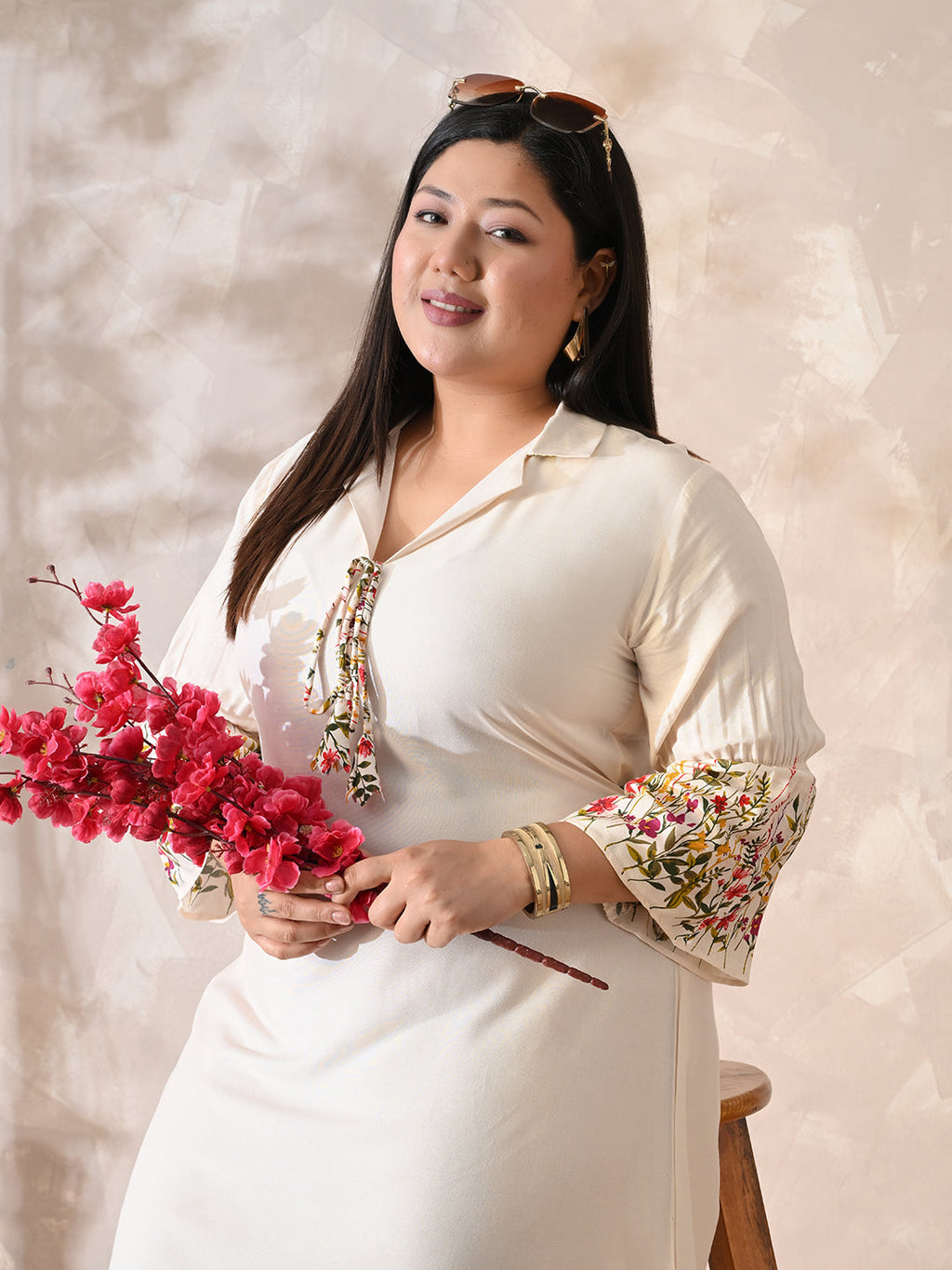 Ivory Floral Rayon Midi Dress with Border Print & Flowy Fit