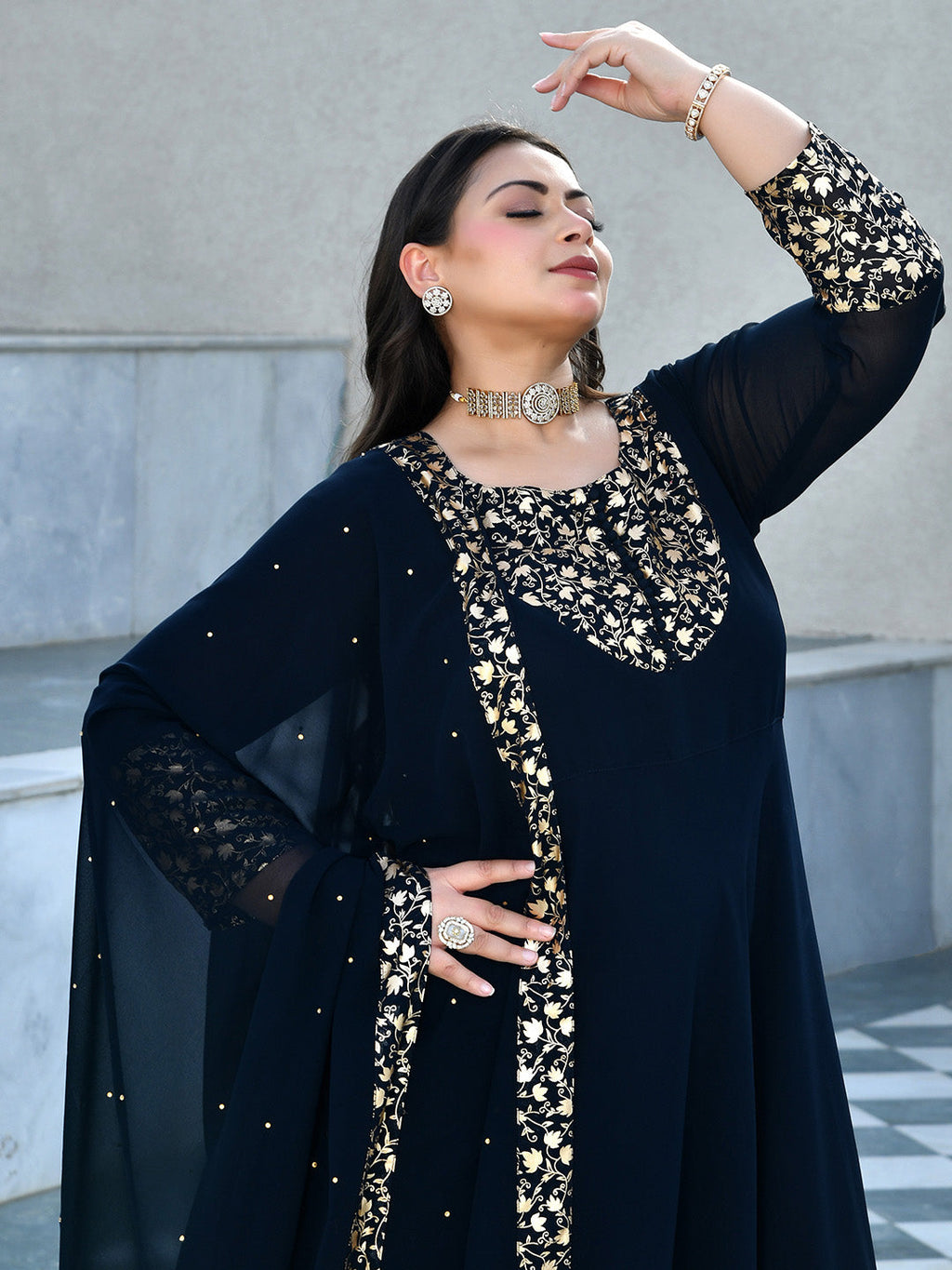 Regal Navy Blue Georgette Anarkali with Dupatta
