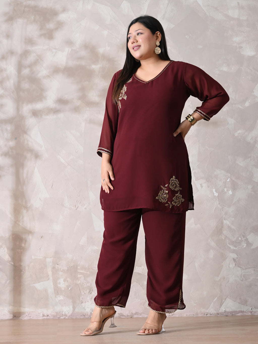 Plus Size Rust Elegance Georgette Co-ord Set with Straight Pants