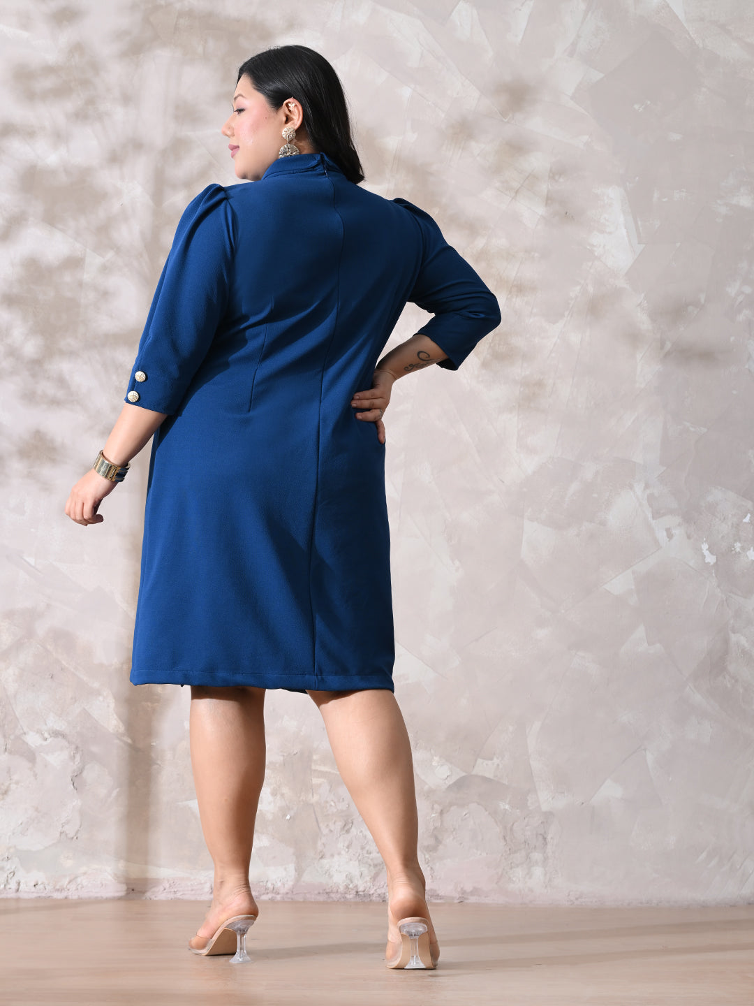 Power Blue Midi Dress with Double-Breasted Button Detail