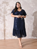 Midnight Navy Sequin Striped Lycra Dress with Flowy Ruffle Hem