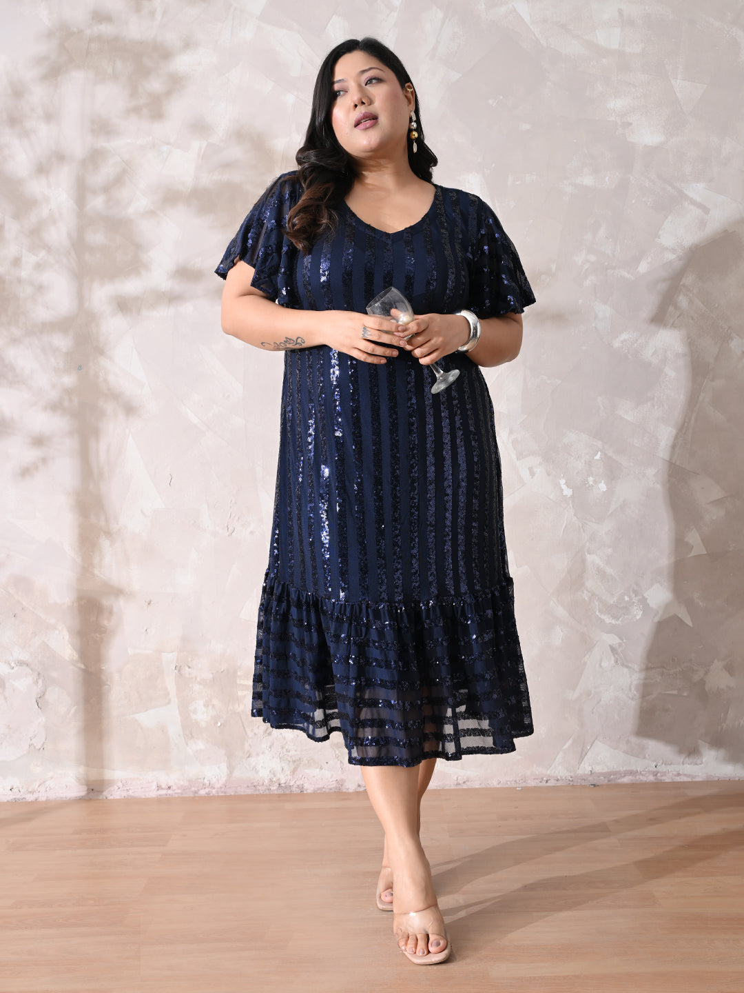 Midnight Navy Sequin Striped Lycra Dress with Flowy Ruffle Hem