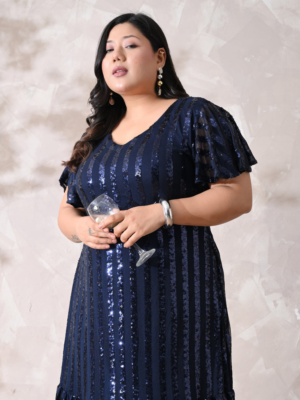 Midnight Navy Sequin Striped Lycra Dress with Flowy Ruffle Hem
