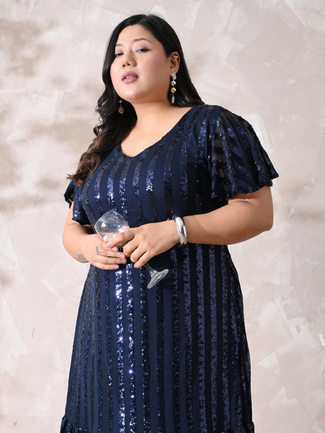 Midnight Navy Sequin Striped Lycra Dress with Flowy Ruffle Hem