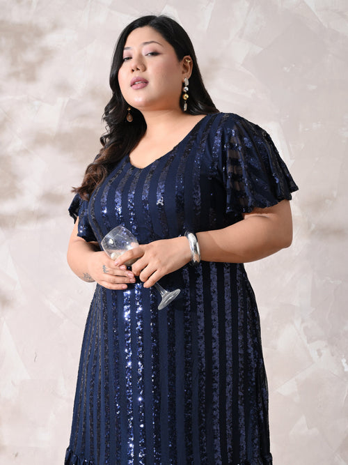 Midnight Navy Sequin Striped Lycra Dress with Flowy Ruffle Hem