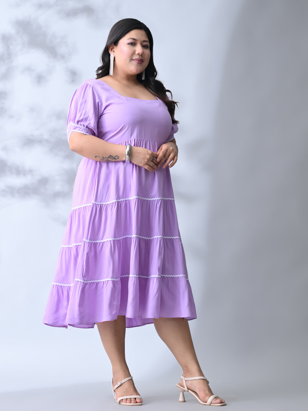 Lilac Dream Dress with White Contrast Lace & Flowy Silhouette
