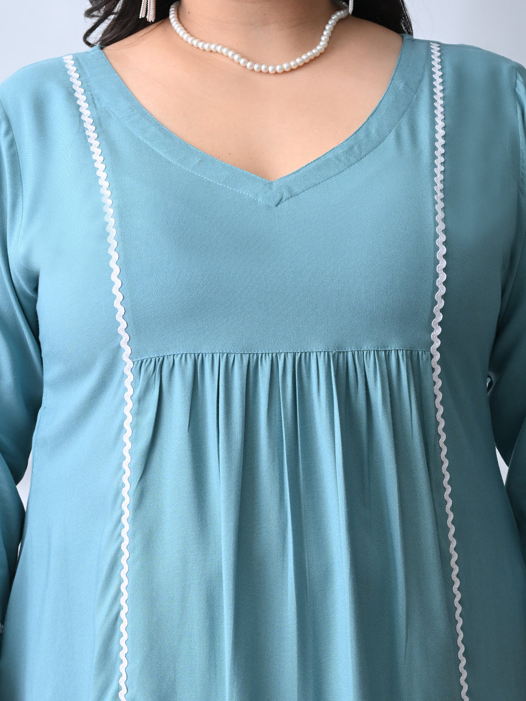 Pastel Sea Green Rayon Midi Dress with Contrast Lace Detailing