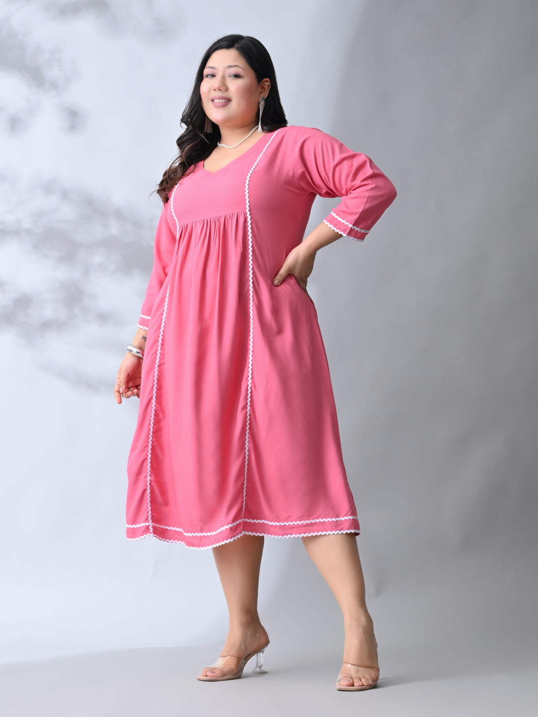 Blush Pink Rayon Midi Dress with Contrast Lace Detailing