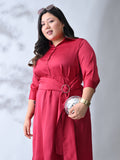 Stylish Berry Satin Belted Flare Dress