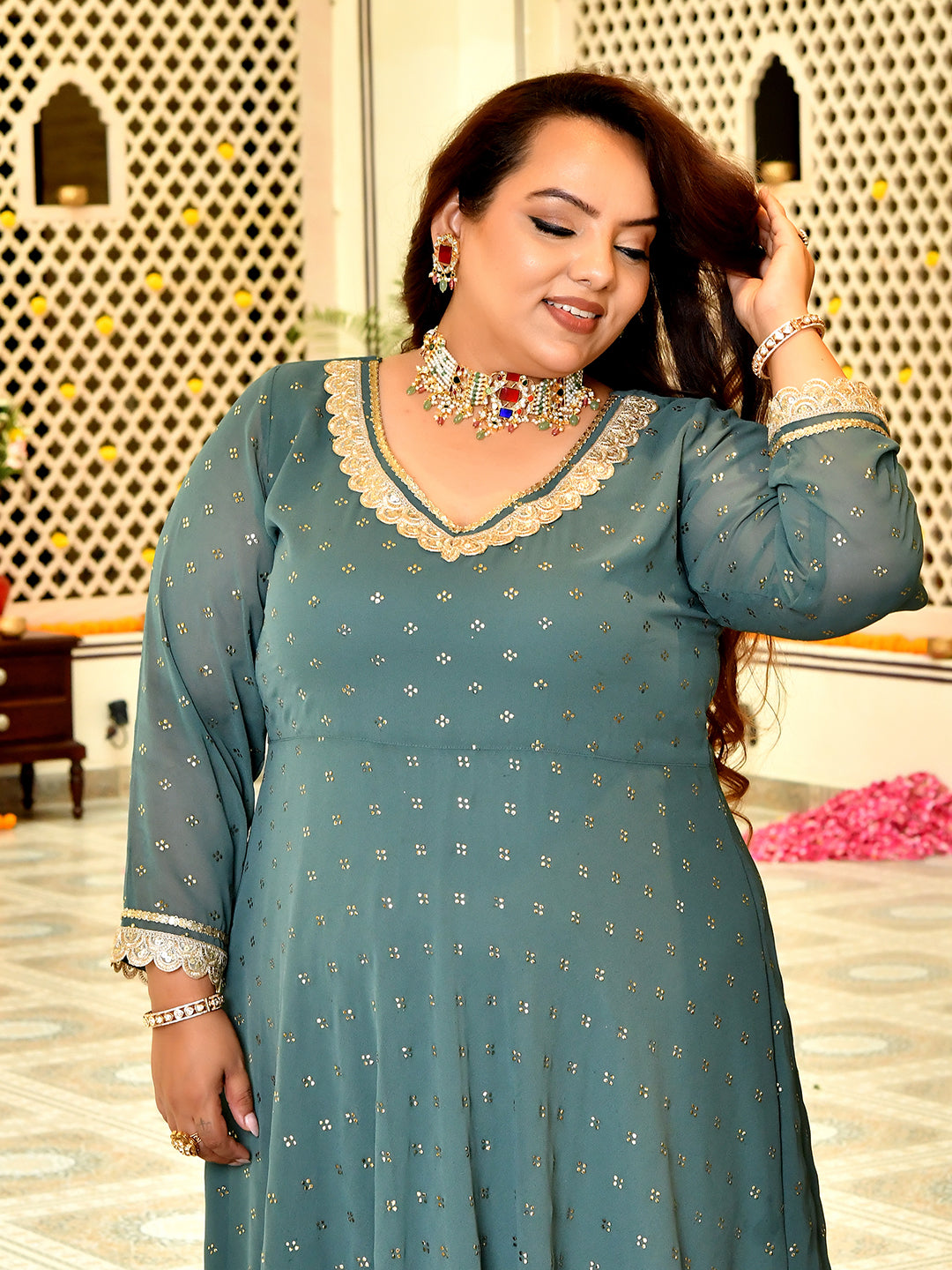 Classic Sage Green Mukaish Georgette Anarkali with Dupatta