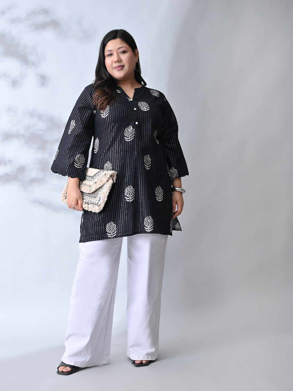 Classic Black Cotton Kurta with HandBlock Minimal Print
