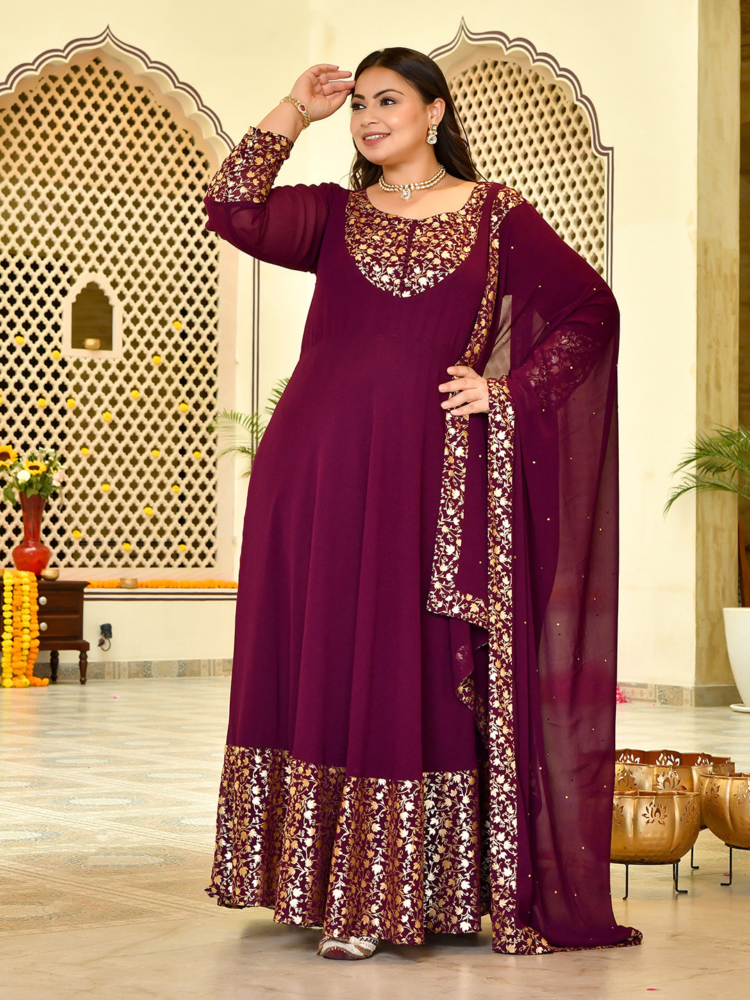 Classic Wine & Gold Georgette Anarkali with Dupatta