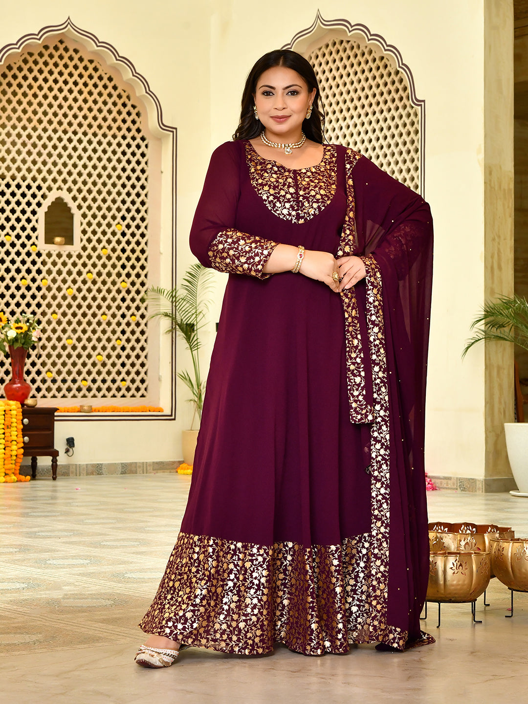 Classic Wine & Gold Georgette Anarkali with Dupatta