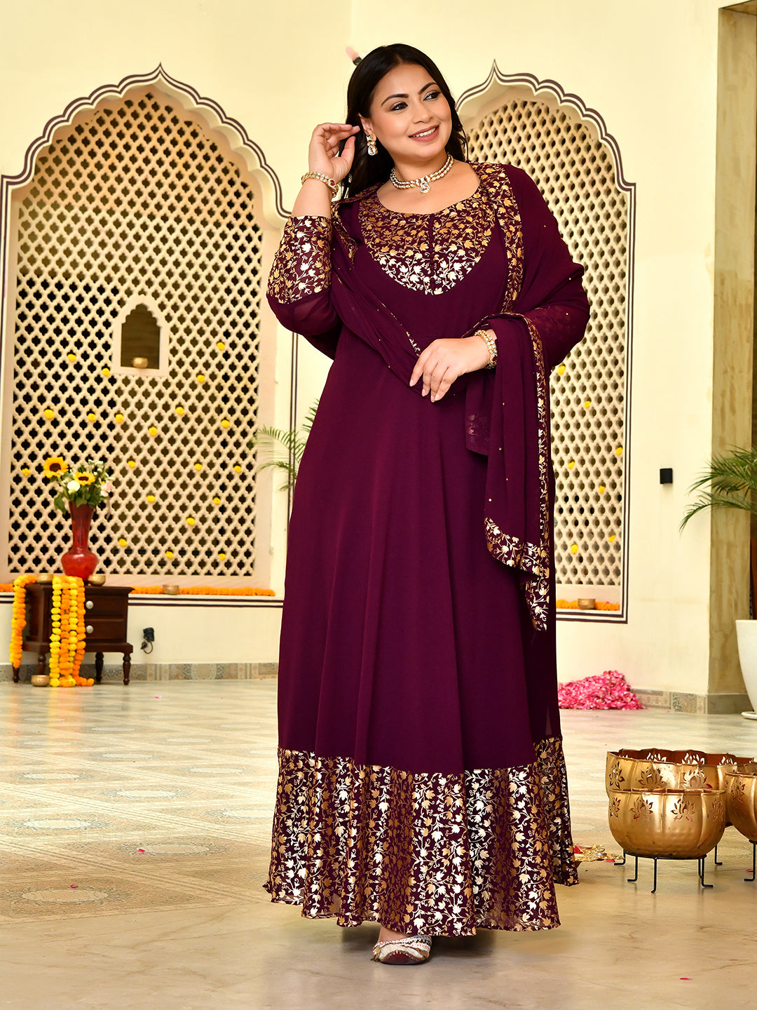 Classic Wine & Gold Georgette Anarkali with Dupatta
