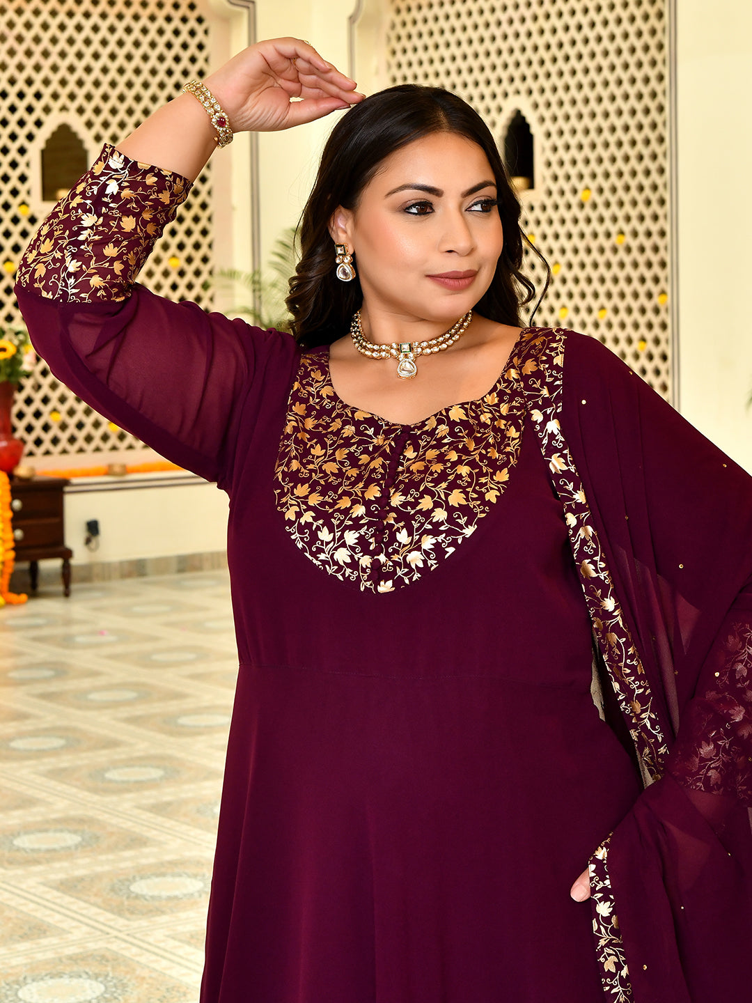 Classic Wine & Gold Georgette Anarkali with Dupatta