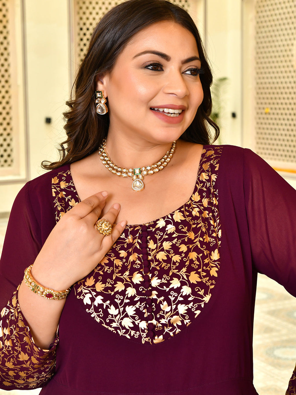 Classic Wine & Gold Georgette Anarkali with Dupatta