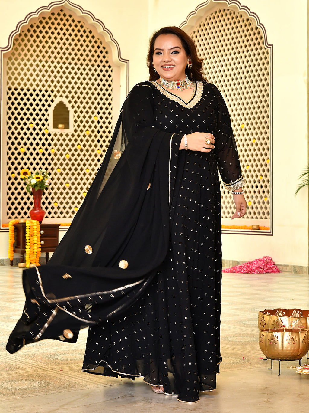 Royal Black Mukaish Georgette Anarkali with Dupatta