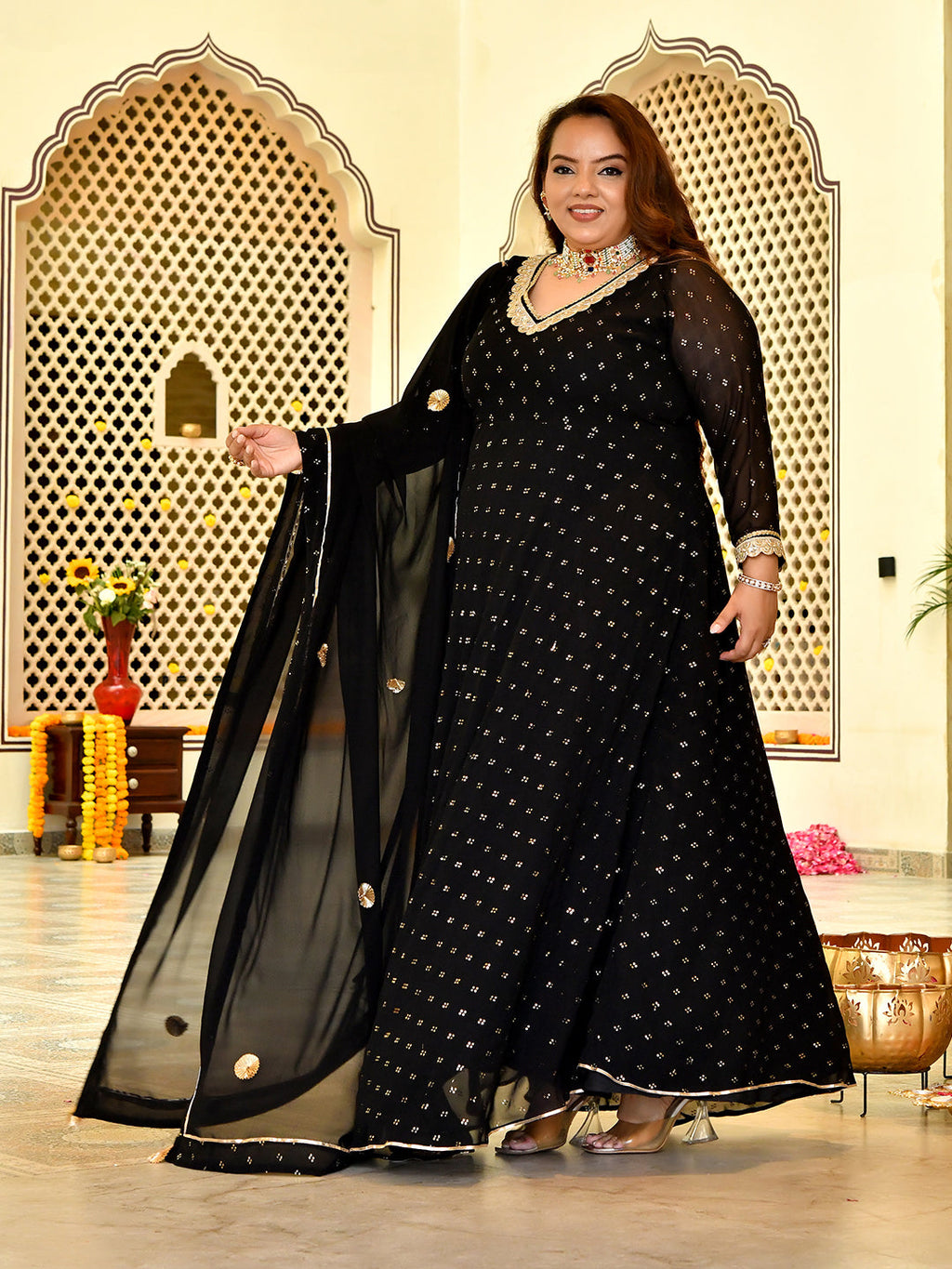Royal Black Mukaish Georgette Anarkali with Dupatta