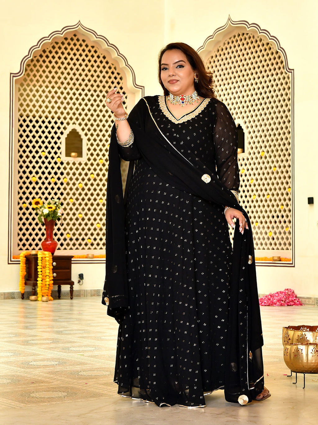 Royal Black Mukaish Georgette Anarkali with Dupatta