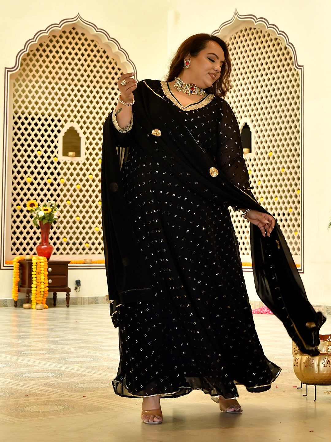 Royal Black Mukaish Georgette Anarkali with Dupatta
