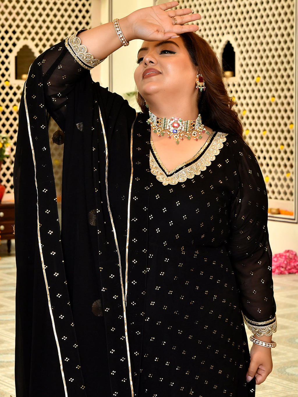Royal Black Mukaish Georgette Anarkali with Dupatta