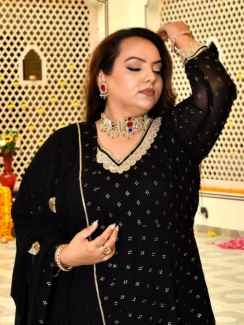 Royal Black Mukaish Georgette Anarkali with Dupatta