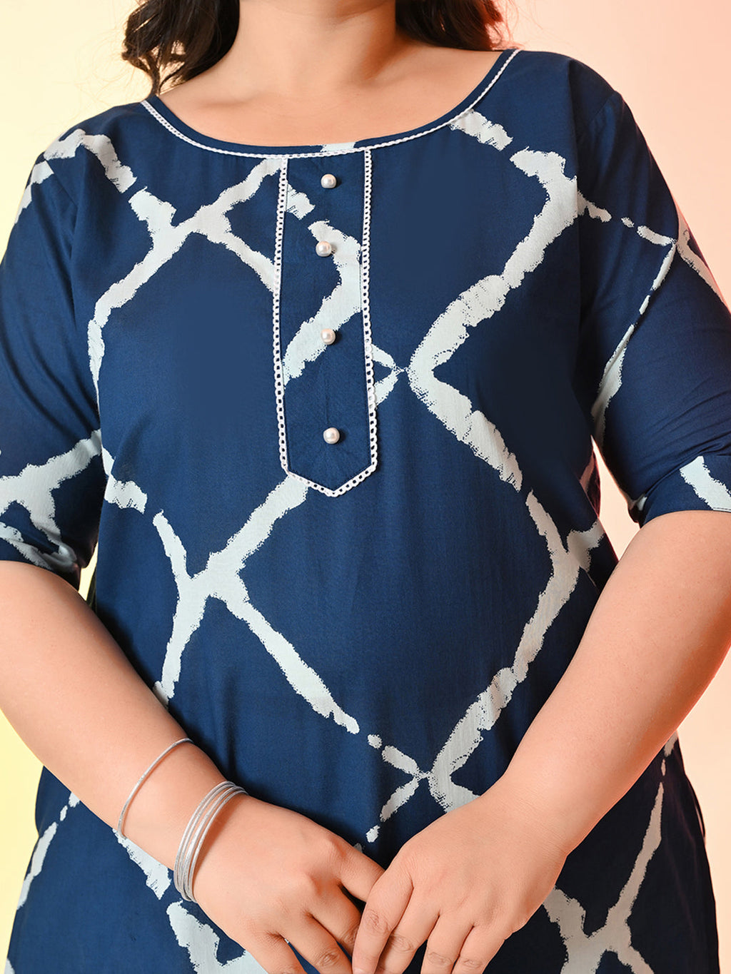 Plus Size Navy Blue Printed Cotton Kurta