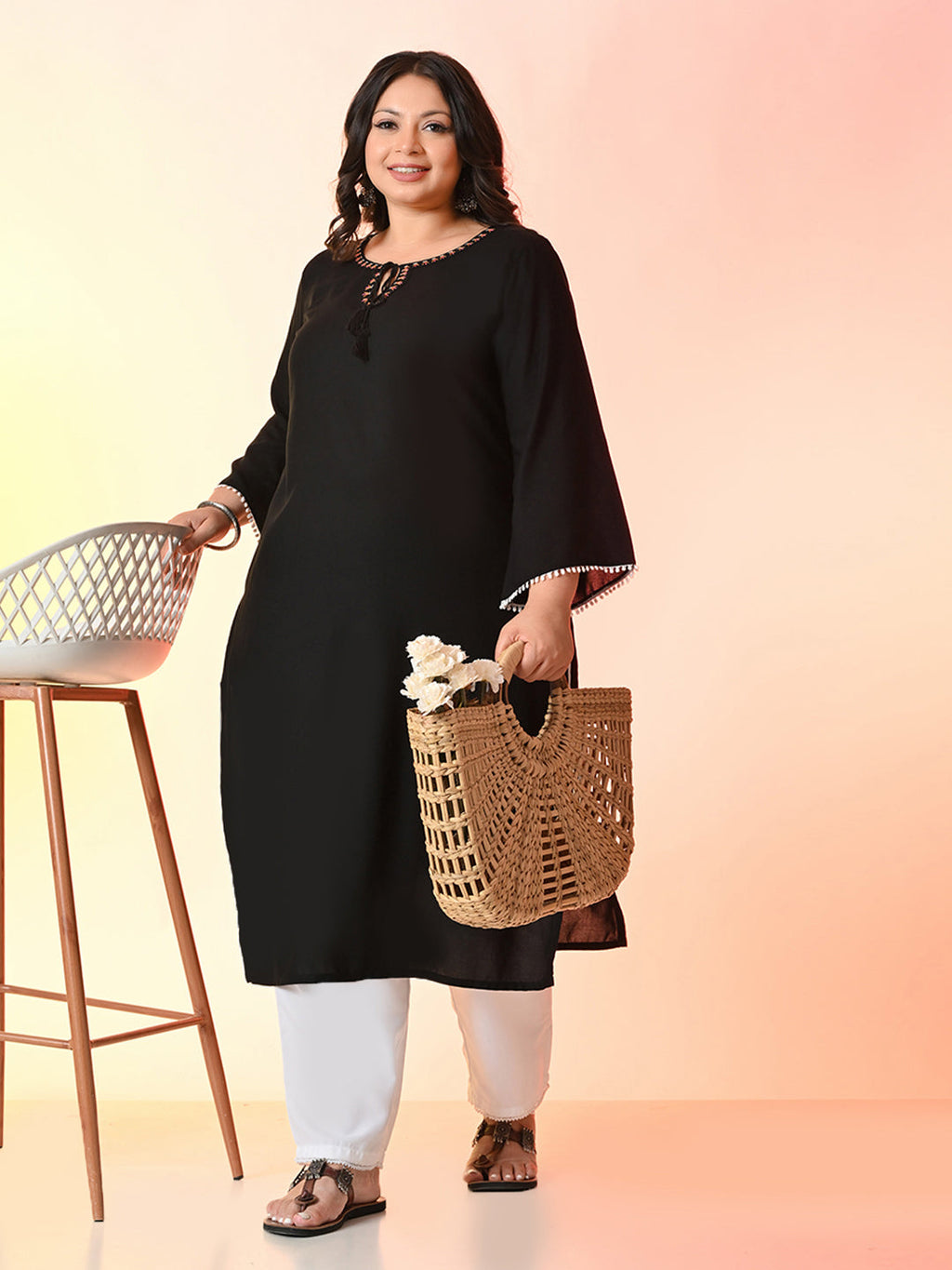 Plus Size Black Grace Anchor Embroidered Rayon Kurta | Desinoor