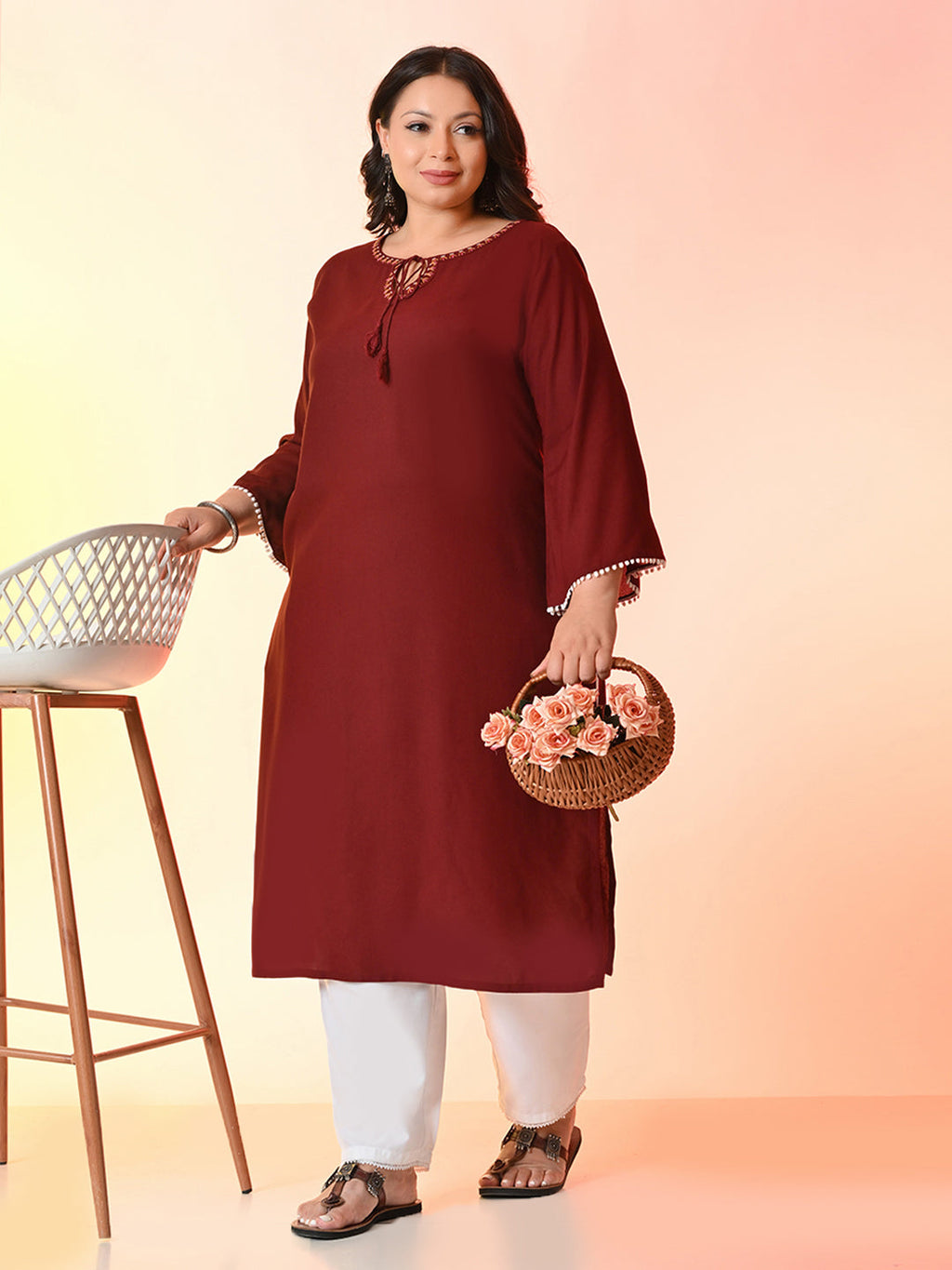 Plus Size Rust Grace Anchor Embroidered Kurta | Desinoor