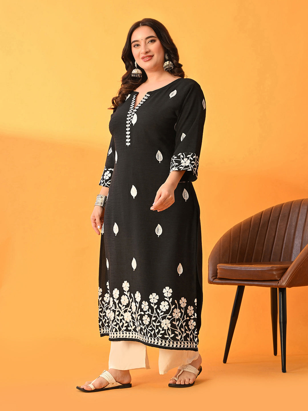 Plus Size Black Floral Aari Kurta