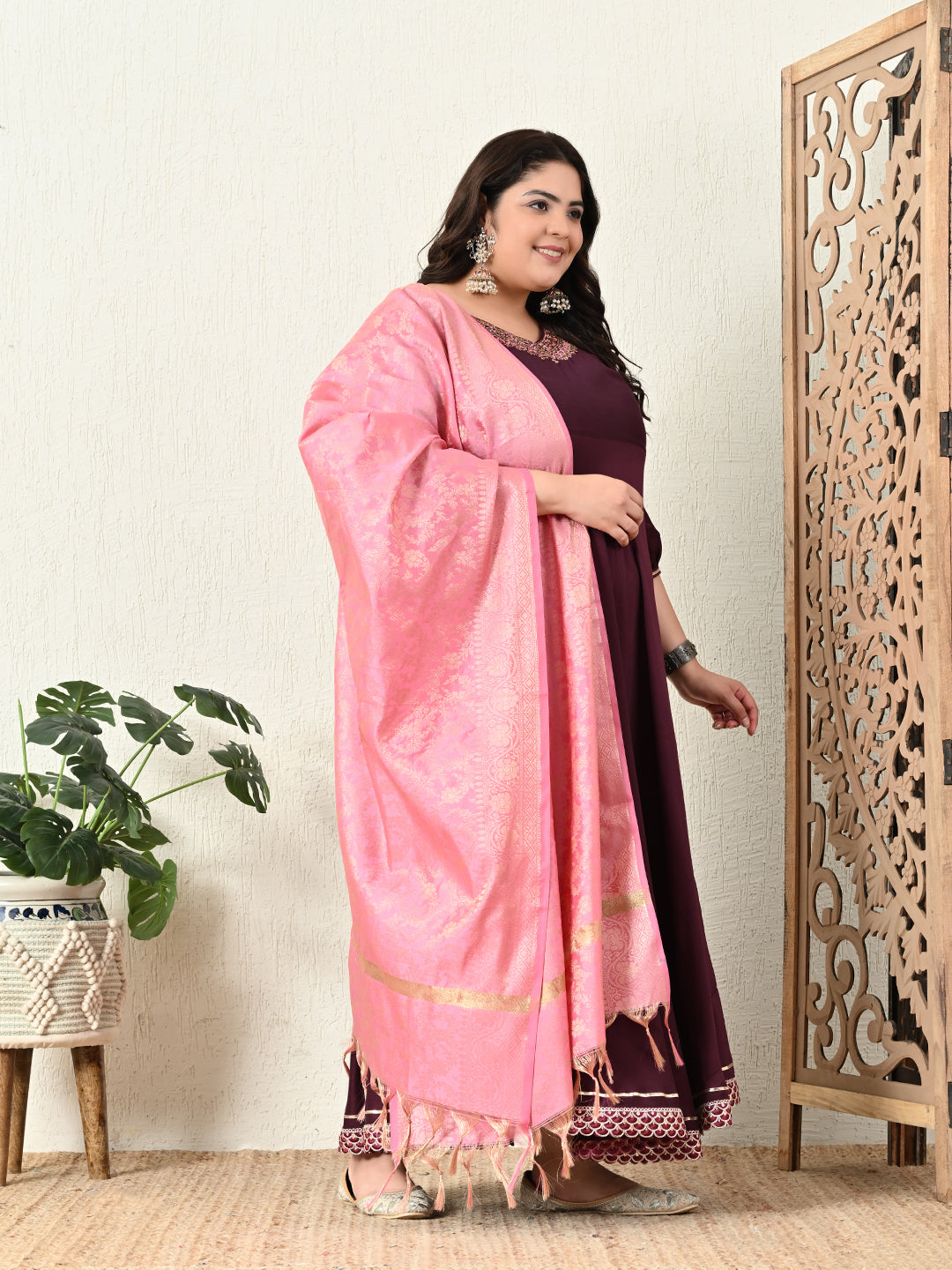 Plus Size Wine Anarkali Kurta with Pink Banarasi Dupatta