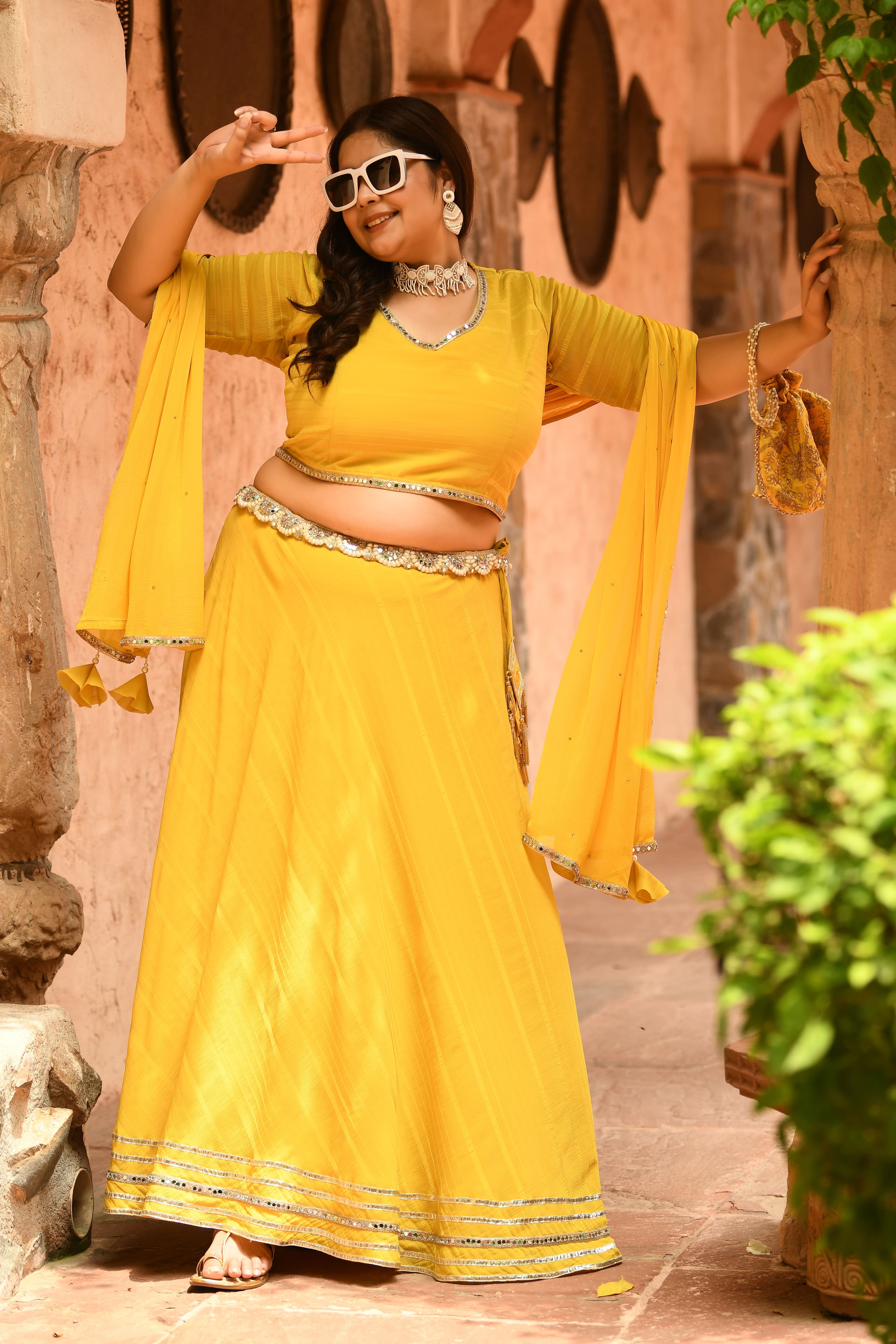 Plus Size Bright Yellow Mirror Lehenga Choli with Dupatta