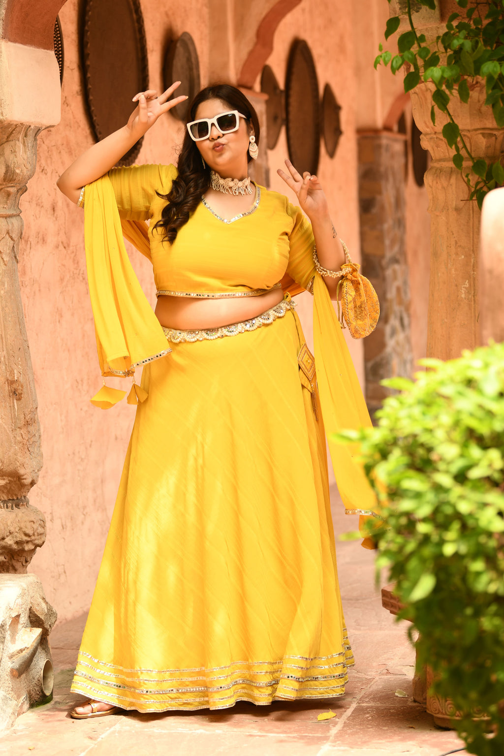 Plus Size Bright Yellow Mirror Lehenga Choli with Dupatta