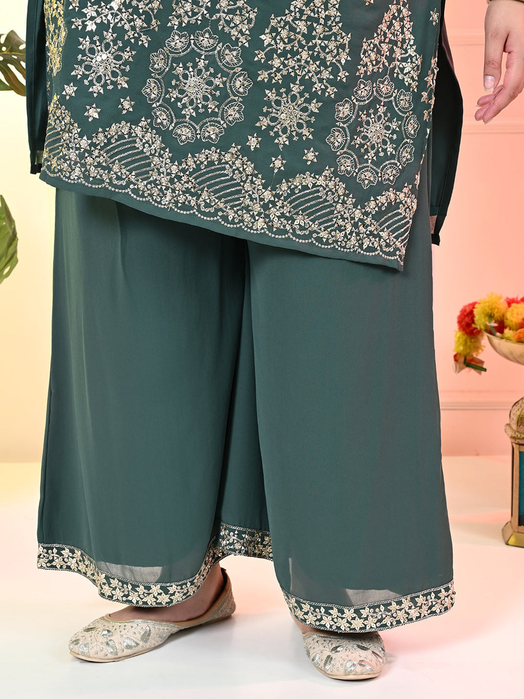 Plus Size Sea Green Embroidered Kurta Set with Dupatta