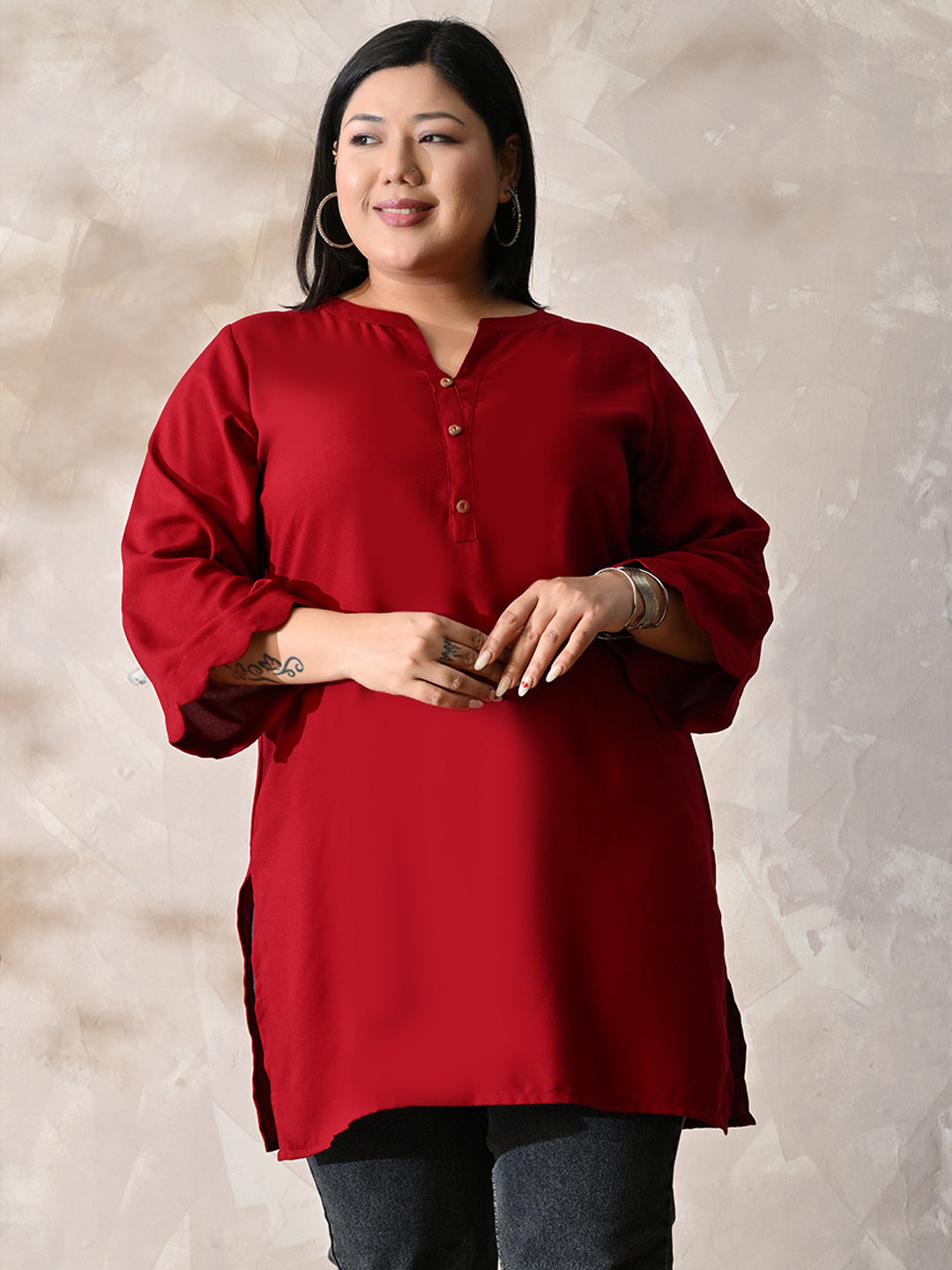 Crimson Maroon Relaxed Fit Scalloped Rayon Kurta