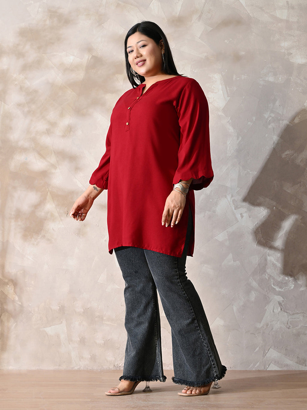 Crimson Maroon Relaxed Fit Scalloped Rayon Kurta