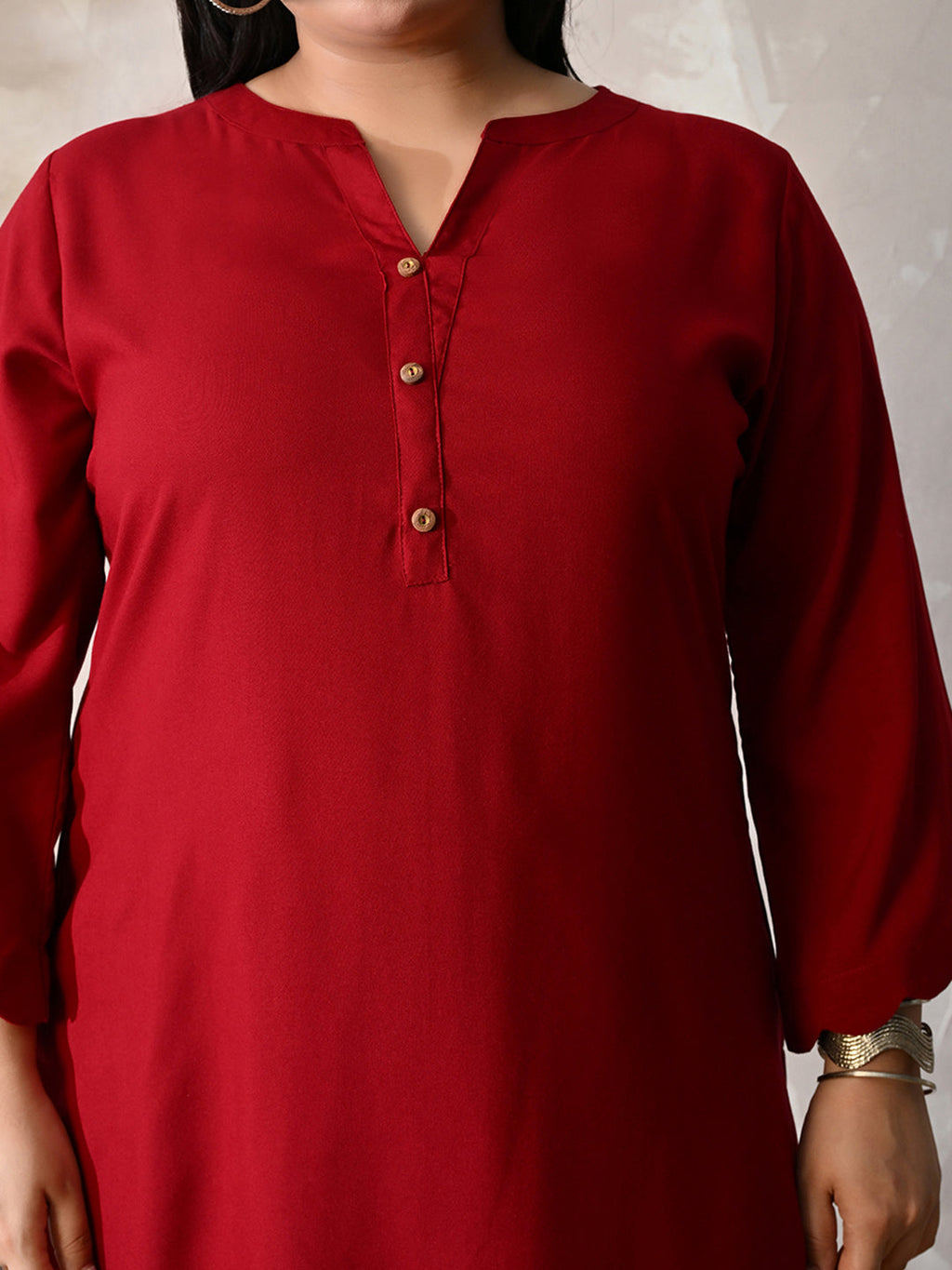 Crimson Maroon Relaxed Fit Scalloped Rayon Kurta