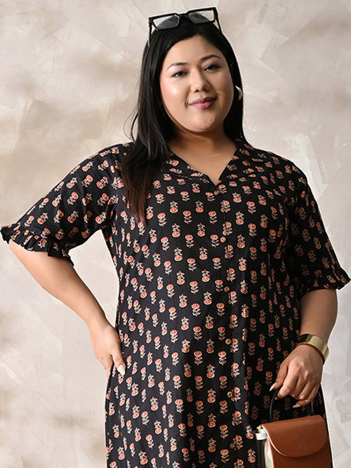 Midnight Petal Royale Cotton Dress with Soft Flare Silhouette