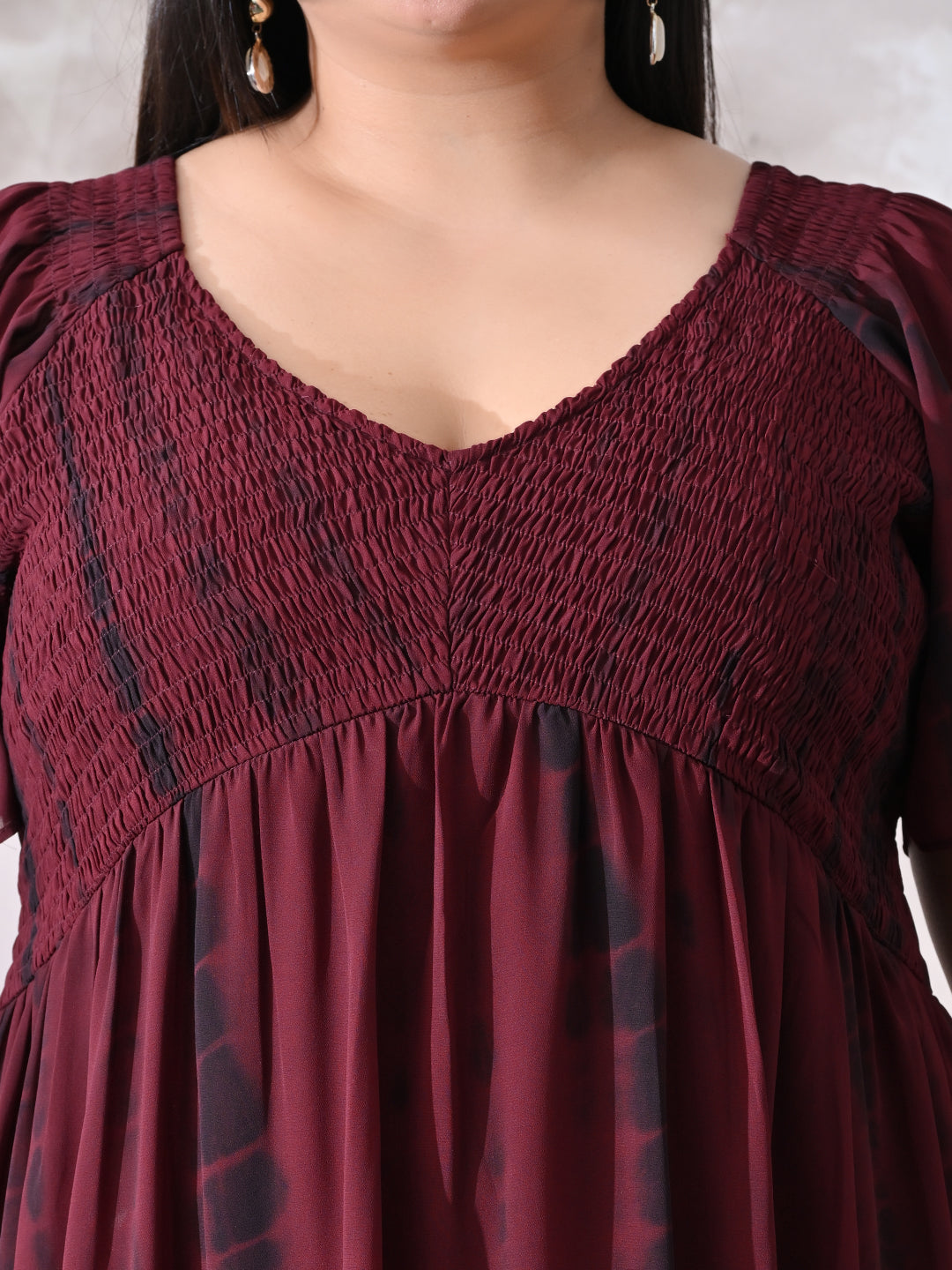 Deep Maroon Tie-Dye Smocked Georgette Midi Dress with Flowy Silhouette