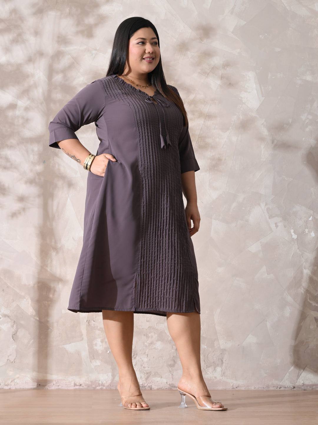 Dusky Lavender Luxe Pintuck Crepe Dress